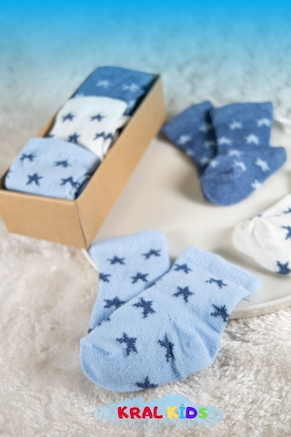 6 Çift Erkek Bebek Çorap Kutulu Patik Boy Yıldız Desenli, Pamuklu Beyaz
