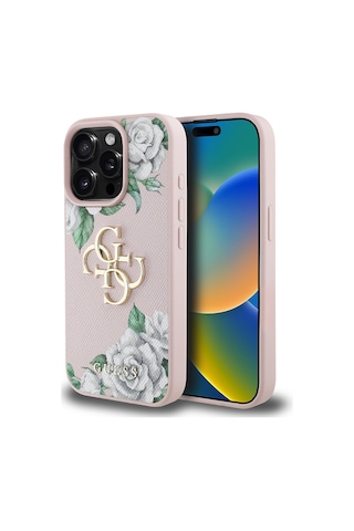 Apple Uyumlu iPhone 15 Pro Max Kılıf Guess Lisanslı Gül Baskılı Büyük Metal Logo Dizaynlı Kapak Pembe