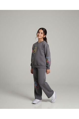 Kız Çocuk Çiçek Nakışlı 3 İplik Şardonlu Eşofman Takımı Gri