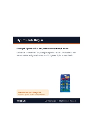 Trobus Oto Bıçak Sigorta Seti 10 Parça Standart Boy Karışık Amper Diğer