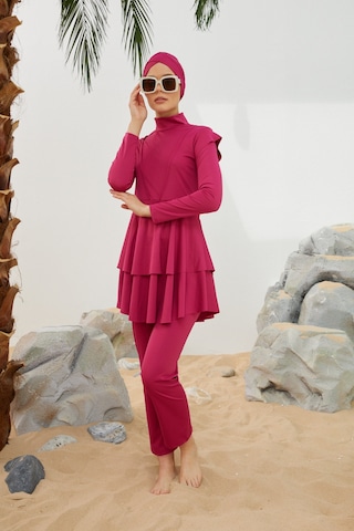 Likralı Tam Kapalı Tesettür Mayo Deniz Mayosu Fırfır Detaylı T223-46 Fuşya Fuşya