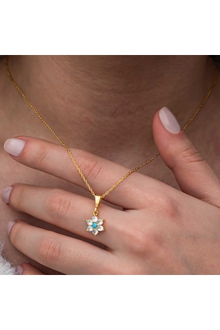 Blackcraft Gümüş Mavi Taşlı Gold Çiçek Kadın Kolye Bc-e74b06 Renkli