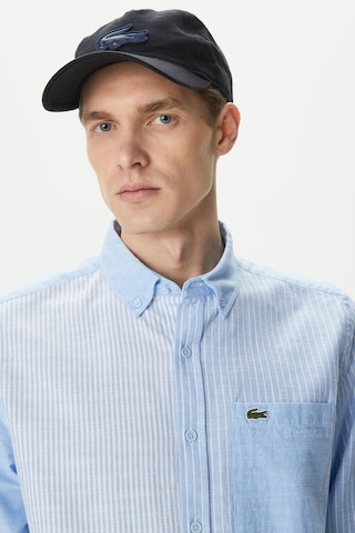 Lacoste Men's Regular Fit Button-down Collar Linen Shirt Blue Erkek Düğmeli Yaka Keten Çizgili Gömlek Mavi