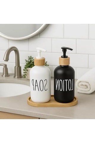 2 Li Cam Sıvı Sabunluk Ve Losyonluk Seti 500 Ml Siyah & Beyaz 12 Izgara