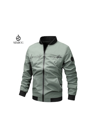 Erkekler İçin Bol Dik Yaka İşlemeli Beyzbol Ceketi Yeşil