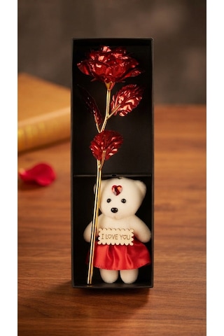 Sevgiliye Hediye Gold Folyo Gül Ve I Love You Yazılı Peluş Ayıcık Seti - Özel Kutulu