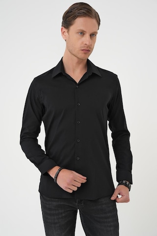 Efor Slim Fit Erkek Yaka Esnek Pamuk Klasik Beyaz Siyah Gömlek Gk 737 Siyah