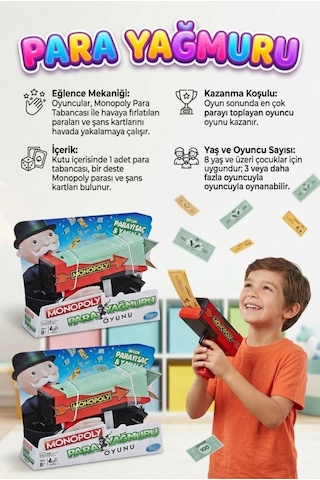 Monopoly Para Yağmuru 100 Adet Banknotlu 25 Adet Şans Kartlı Eğlenceli Aile Kutu Oyunu 1