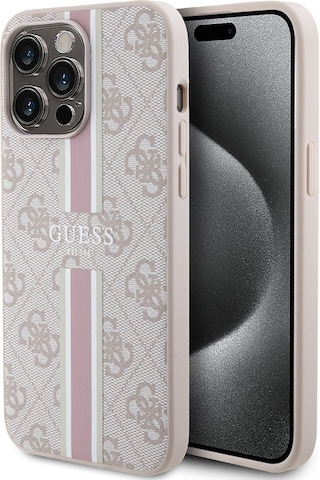 Apple Uyumlu iPhone 15 Pro Max Kılıf Guess Lisanslı Magsafe Şarj Özellikli 4g Şerit Tasarımlı Printed Kapak Pembe