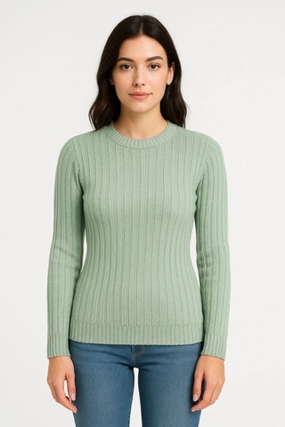 De'charme Erkek Bisiklet Yuvarlak Yaka Triko Kazak Pamuklu Kalın Fitilli Dokuma, Regular Fit Uzun Kollu Kışlık Model - Mint Yeşili