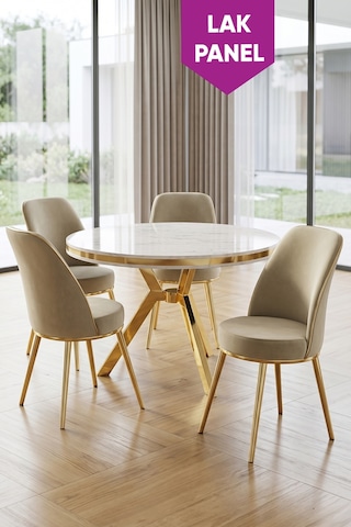 Natre Serisi 90x90 Lak Panel Beyaz Mermer Desen Gold Ayaklı Mutfak Masası Takımı Ve 4 Sandalye Beyaz Mermer Masa Krem Sandalye
