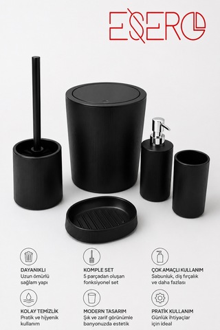 Mat Siyah 5'li Banyo Aksesuar Seti Modern Çizgili Tasarım Çöp Kovası, Wc Fırçası, Sıvı Sabunluk, Diş Fırçalık, Sabunluk