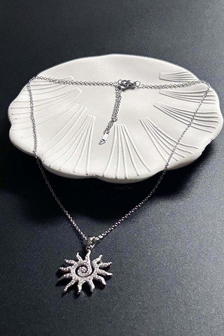 Zirkon Taşlı, Güneş Figürlü Paslanmaz Çelik Kolye 414, Gümüş Renk Gümüş