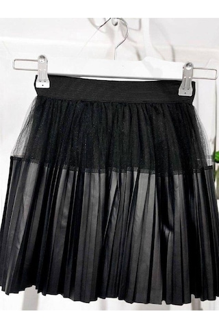 Kız Çocuk Piliseli Deri Tüllü Etek-14835 Siyah