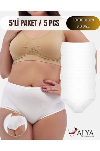 Alya Underwear Kadın Büyük Beden Külot Battal Full Brief, Yüksek Bel 5xl, 6xl, 7xl 5 Farklı Renk 1 Pakette Beyaz
