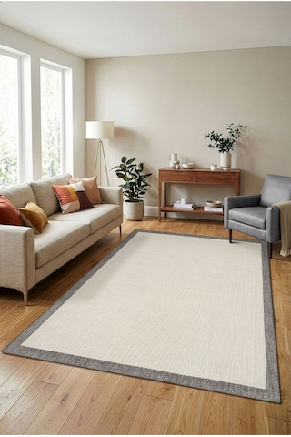 Leiva Home 6651 Krem Gri Bordür Çerçeveli Sisal Leke Tutmaz Makinede Yıkanabilir Kaymaz Halı Gri - Krem