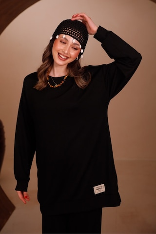 Balenbi Kadın Oysh Modal Kumaş Oversize 80 Cm Tunik Bol Paça Pantolon Tesettür Takım 1228 Siyah