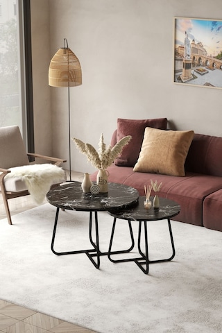 Üsküp Orta Sehpa Takımı Siyah Metal - Siyah Mermer Tabla