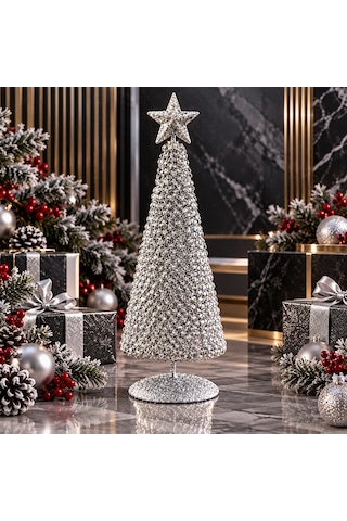 23 Cm Gümüş Yılbaşı Ağacı Metal Parlak Simli Gümüş Özel Tasarım Metal Noel Ağacı Diğer