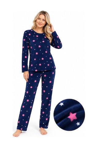 Sleeeproom Kadın Süet Mevsimlik Yıldız Desen Lacivert Pijama Takımı