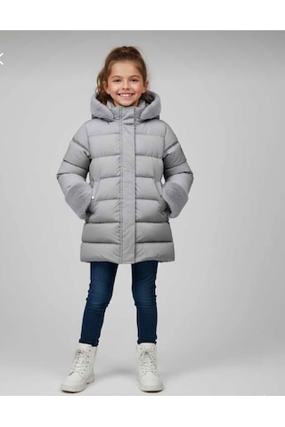 Boutiguestyles Kız Çocuk Şişme Mont Kürklü Gri Sedefli Işıltılı Çıkarılabilir Kapüşonlu Fermuarlı Gri