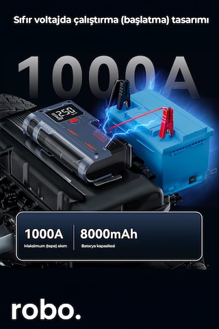Robo Süper 4'lü Şarjlı Akü Ateşleyici Lastik Şişirici Powebank Led Işık 150psi Yüksek Basınçlı Gri