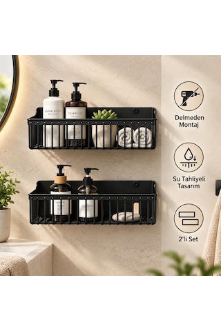 Lexroo 2 Li Yapışkanlı Banyo Ve Mutfak Rafı, Siyah Plastik 25 X 10 X 10 Cm