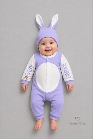 Babyden's Tavşan Kulaklı Yenidoğan Tulum Seti %100 Pamuklu Ayarlanır Ponponlu Kız Bebek Tulum Şapka Set Lila