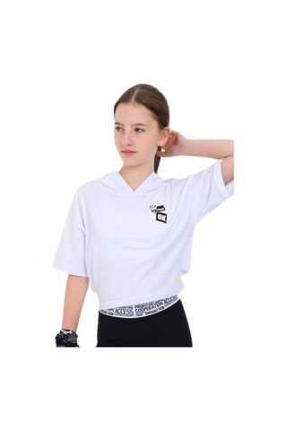 Kız Çocuk Pamuklu Geniş Kesim Kapüşonlu T-shirt-14243 Beyaz
