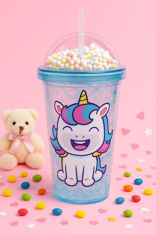 Renkli Boncuklu Unicorn Tasarımlı Pipetli İçecek Bardağı Çocuklar İçin Sevimli Suluk Mavi 2646 Çok Renkli