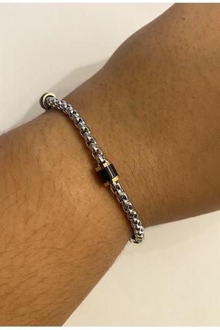Erkek Gold Ve Siyah Renk Detay Çelik Zincir Bileklik Gümüş
