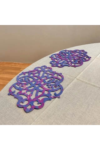 Uretti - Gülin 6449 - Ebru Sanatı İle Elde Yapılmış Lazer Kesim Keçe Supla 2li Takım 40cm - Mor Mor