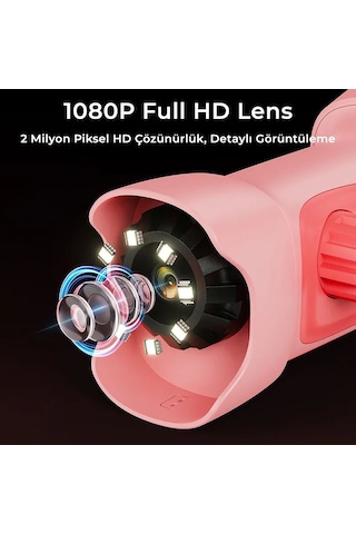 395 Pembe Taşınabilir Dijital Çocuk Mikroskobu - 2.4 İnç Ips Ekranlı, 1080p Full Hd, 1000x Zoom, 8 Led Işıklı Eğitici Bilim Kiti