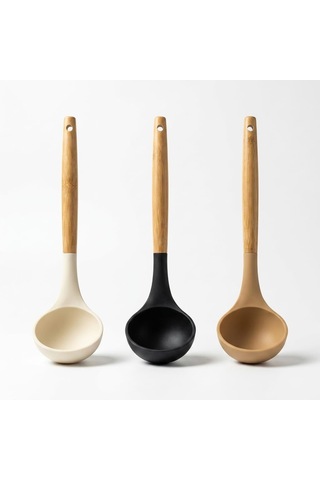 30 Cm Bambu Saplı Silikon Kepçe, Derin Hazneli Servis Kepçesi, Çorba Sulu Yemek Sos Ve Bakliyat İçin Mutfak Kepçe