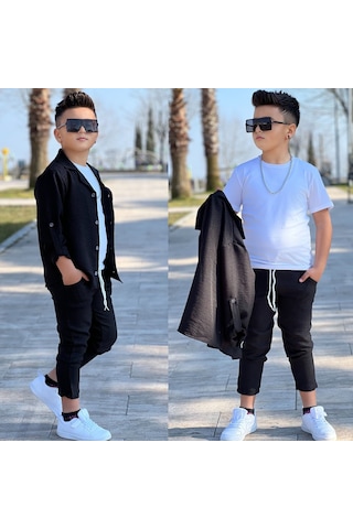 Modavals Kol Katlamalı Keten Gömlek & Beli Lastikli Keten Pantolon & Pamuklu Tshırt & Zincir Aksesuar 4lü Keten Erkek Çocuk Takım Siyah