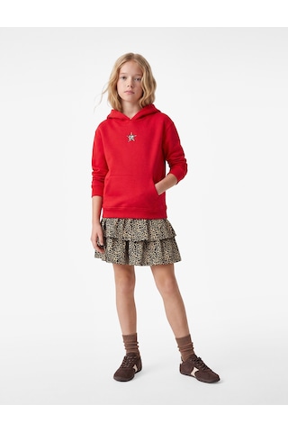 Koton Yıldız Baskılı Uzun Kollu Şardonlu Kanguru Cepli Kapşonlu Sweatshirt Kırmızı 7wkg10048ak