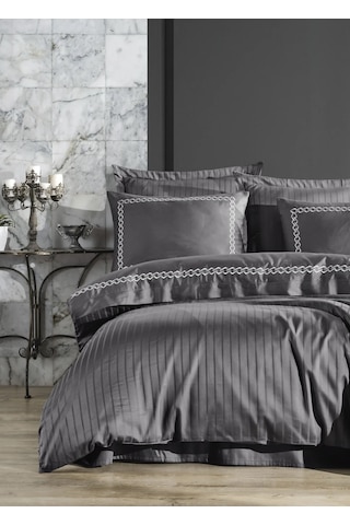 Dantela Nüans Nakışlı Pamuk Saten Çift Kişilik Nevresim Tak.-gri Gri
