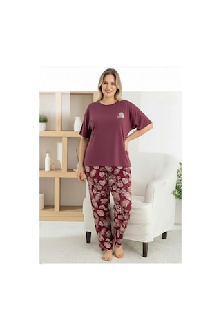 Pijamoni Kadın Ring Viskon Bisiklet Yaka Kısa Kol İnce Pijama Takımı 1445/7 - 1 Adet Bordo