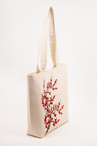 Fabric Craft Bag Plaj Çantası Kanvas Çiçek Desenli Omuz Çantası Ve Şapka 38x41 Cm Krem