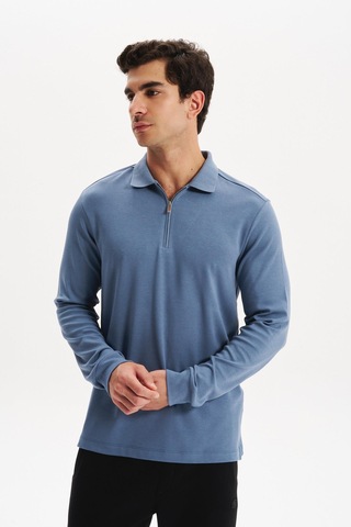 Arma Erkek Basic Slim Fit Fermuarlı Polo Yaka Sweatshirt İnce Modal Pamuk Elastan Karışımlı Örme İnterlok Kumaş K30554989002 Mavi