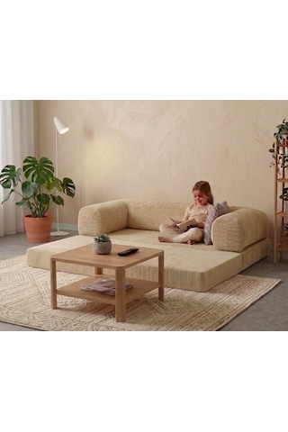 Herev 200x200 Cm 50 Dns Modüler Köşe Koltuk Fitilli Kadife Kumaş, Yatak Olabilen, Modern Tasarım Şark Köşe Krem