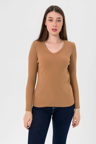 Miss Poem Kadın V Yaka Slim Fit Fitilli Uzun Kışlık Camel Triko Kazak Camel