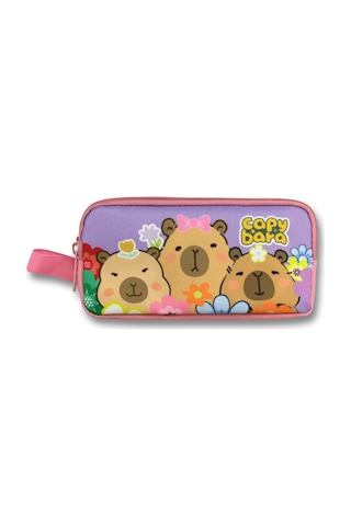 Capybara İki Bölmeli Çiçek Ve Capybara Baskılı Mor - Pembe Kız Çocuk Kalem Çantası - 6205
