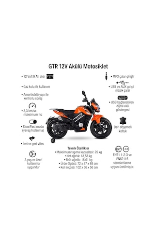 447 Motocross 12v Akülü Motor - Amortisörlü, Mp3 Çalarlı Dijital Akü Göstergeli Motor - Turuncu