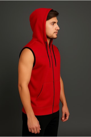 Axxel Erkek Kırmızı Fermuarlı Kapüşonlu Kanguru Cepli Kolsuz İnterlok Yelek-y1142 Kırmızı