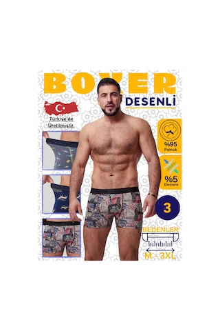 Mercan Erkek Boxer Şişe, Rota, Geyik Desenli 3'lü Paket - Rahat Kesim Çok Renkli