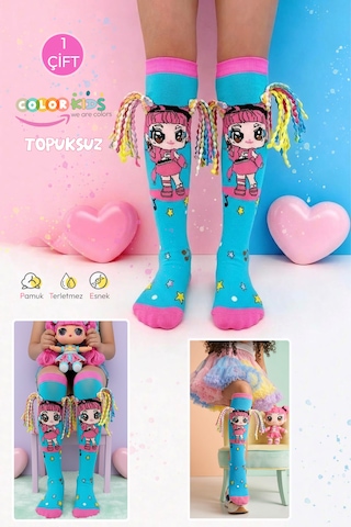 Color Socks 1 Çift Örgü Saç Desenli Animasyon Kız Çocuk Çorap Topuksuz Turkuaz
