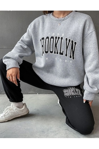 Oversize Basic Eşofman Takımı Alt Siyah Üst Gri Gri