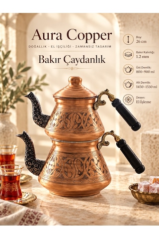 Aura Copper Bakır Çaydanlık Takımı 26 Cm Geleneksel Desenli Ac-cy-21