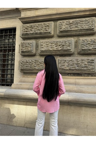 WeShaya Pembe Oversize Kırışık %100 Polyester Gömlek Pembe